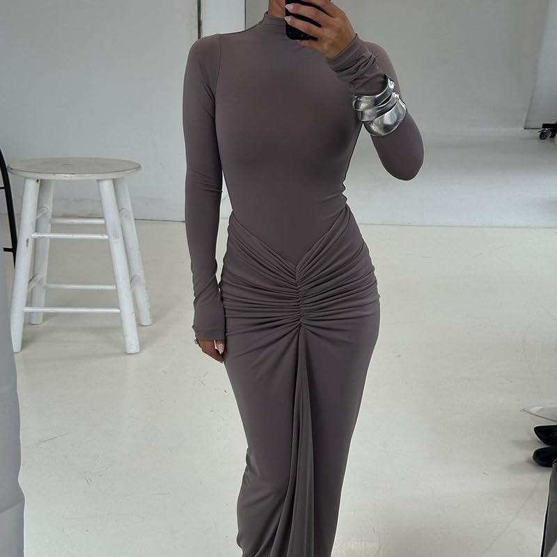 Image of Womens Sexy Maxi Dress Long Sleeve Ruched Bodycon Turtleneck Club Party Casual Wedding Dresses