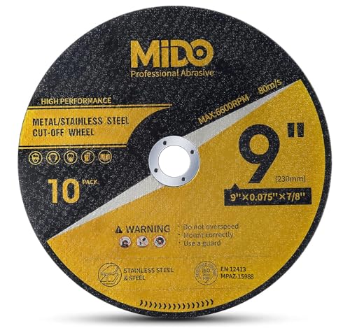 MIDO PROFESSIONAL ABRASIVE 10 Pack Cut Off Wheels 9 Inch Cutting Wheel 9” x .075” x 7/8” Metal&Stainless Steel Cutting Disc Fit for Angle Grinder by MIDO Professional Abrasive - Used condition - US$17.53
