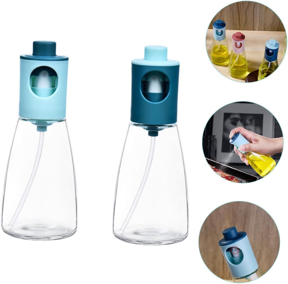 SMASOLO 2Pcs Kitchen Oil Sprayer Bottles Glass Oil Dispenser Press Type for Cooking Bbq Salad Non Leak Even Spray Easy to Clean Visible Capacity Light Blue