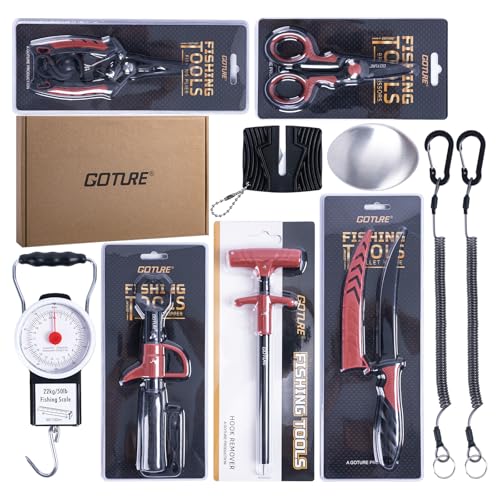 Goture 10PCS Fishing Tool Kit,Fishing Pliers,Fillet Knife with Sheath,Fish Lip Gripper,Fish Hook Remover,Lanyard,Line Scissors,Hanging Scale with Tape,Sharpener,Stainless Steel Soap,Gifts for Men