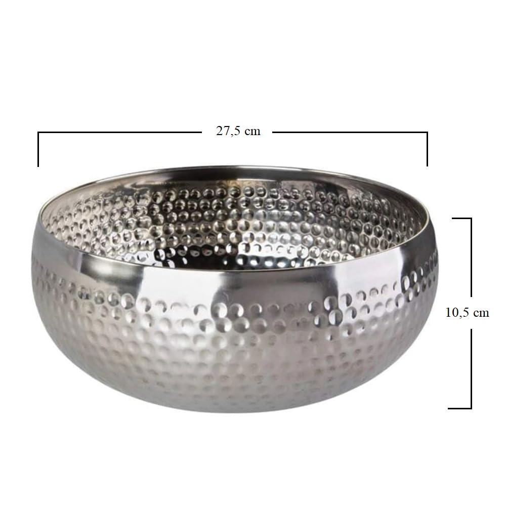VIRSUS Centrotavola Rotondo in acciaio inox, Misura 27,5x10,5 cm, Design con Decoro Martellato, Ciotola Portafrutta Portapane, Scodella decorativa -697