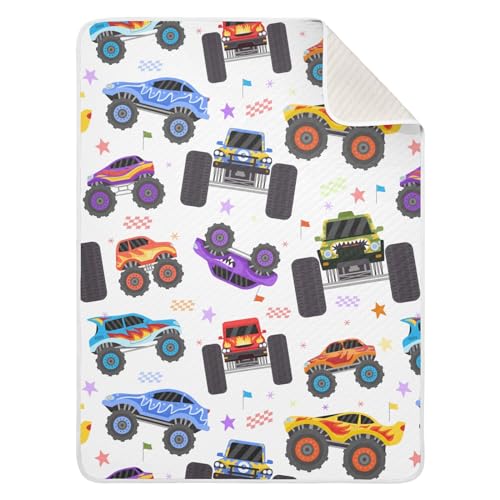 Image of Swaddle Blanket Cartoon Monster Trucks Cotton Blanket for Infants Receiving Blanket Lightweight Soft Swaddling Blanket for Crib, Stroller, Nursery Blankets, 30x40In