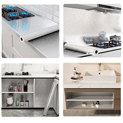 Kitchen Wallpaper Oil Proof Sticker Backsplash Aluminum Foil Self-Adhesive Paper Silver Cabinet Liner Shelf Liner Waterproof and Heat Resistant Peel and Stick Backsplash(15.7X118 Inches)
