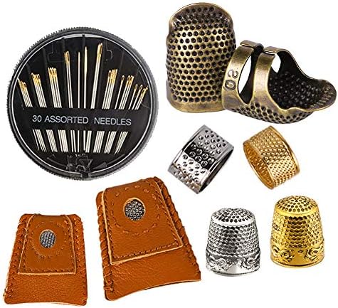 8 Pcs Sewing Thimble + 30 Pcs Sewing Needles, Finger Protector Fingertip Thimble Adjustable Metal Bronze Sewing Thimble Rings and Leather Coin Thimble for Needlework, Hand Embroidery Craft