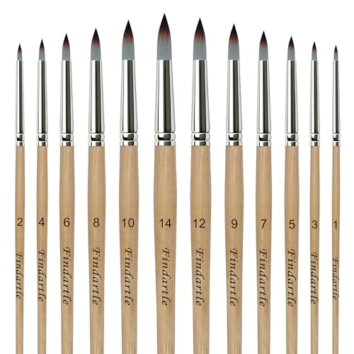 Findartle Aquarellpinsel Set,12 Stück rund Pinsel für Aquarell, Acryl, Gouache,Öl, Künstlerpinsel für Malen nach Zahlen,Tempera,Handwerk,Keramik,Modellbau (Naturholz)