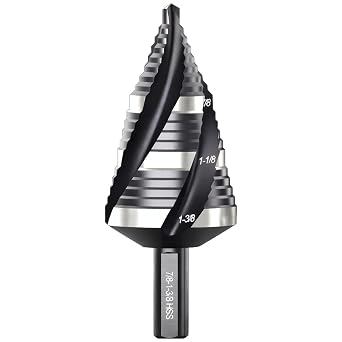 Hss Step Drill Bit 3/16-1-3/8 Inch with Hex Shank, Unibit for Aluminum Wood Metal Plastic, Black and Silver, 5.5 X 1.4 X 1.4 in