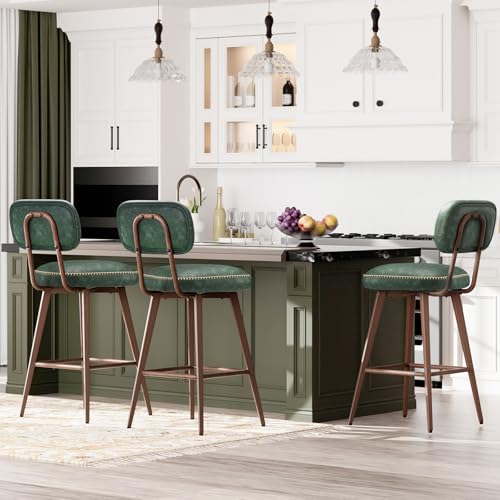 Image of MALOL 26 inch Swivel Bar Stools Set of 4, Mid Century PU Leather Counter Height Bar Chairs with Low Back and Metal Legs, Modern Bar Stool Chair for Kitchen Island, Green