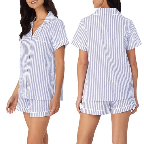 Image of Bed Head PJs Women's Short Sleeve Woven Cotton Sateen Shorty Pajama Set - Organic, Soft, Lightweight, Classic Fit Sleepwear