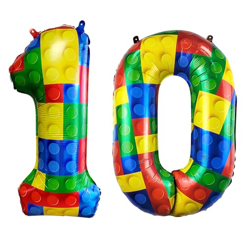 Image of 32 Inch Building Block Number 10 Balloons birthday Block Themed Large Big Helium Foil Mylar Balloon for Girls Boys Birthday Party Decoration Supplies