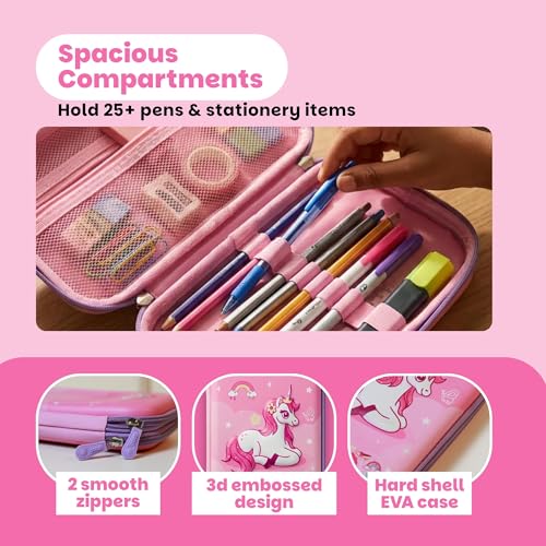 Image of Famyo June Unicorn Pencil Pouch for Kids | 3 Compartment Pencil Case | Hard Shell EVA Pencil Box with Mesh Pocket & Zipper | School Stationery Organizer for Girls