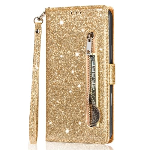 Coque portefeuille iPhone 13 Pro paillettes or finition haute qualité