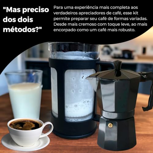 Conjunto Café da Manhã Cremoso Cafeteira Italiana De Alumínio 3 Xícaras Manual 150ml Cor Preta + Caf