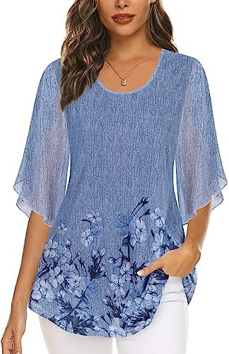 Ninedaily Women's Tops 3/4 Sleeve Blouses Dressy Casual Double Layers Mesh Tunic Shirts
