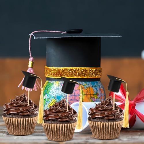 Spakon 50 Pack Graduation Cap Cupcake Toppers with Gold Tassels Chocolate Decorations Paper Grad Cupcake Picks for Crafts for Graduation Party Supplies Black and Gold