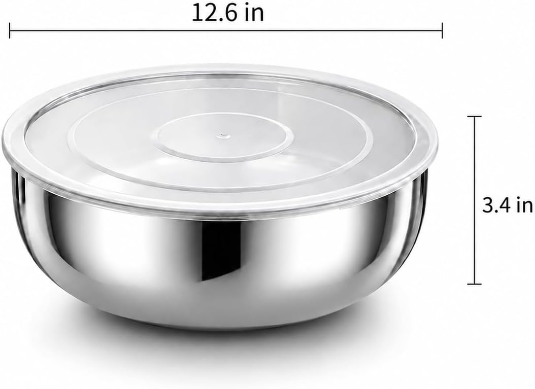 Extra Large 6.3 QT Stainless Steel Mixing Bowl with Lid and Salad Servers, Wide Mouth Salad Serving Bowl, Stackable Food Prep and Storage Bowl for Kitchen, Fruit, Pasta, Party & Leftovers