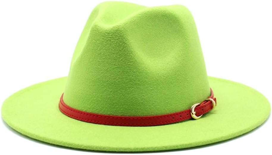 Classic Western Wool Fedora Hat, Yellow with Red Leather Belt, Wide Brim Crown, Premium Felt Material