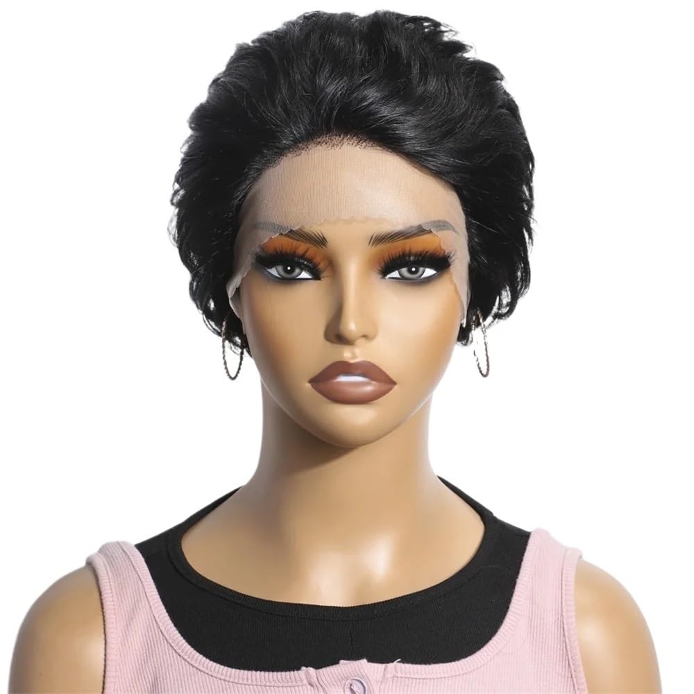 xiuling4568 Short Pixie Cut Bob 13x1 Lace Front HumanHair Wigs for Women Brazilian Remy Hair Glueless Wigs Hairs Extensions(Black)