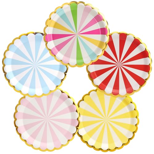 PARTY GO Piatti Carta Multi Strisce 50 Pezzi 23cm, Stoviglie per Feste usa e Getta Eleganti per Compleanno, Nuziale Doccia, Fidanzamento, Matrimonio