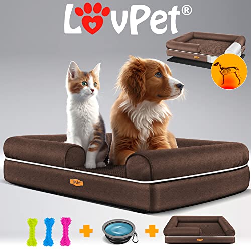 Lovpet® Orthopädisches Hundebett Hundekissen Hundekorb Relax, Inkl. Napf + 3X Kauknochen, Hundesofa für Kleine, Mittelgroße & Große Hunde, Bezug abnehmbar und waschbar, 91x71x22cm Braun
