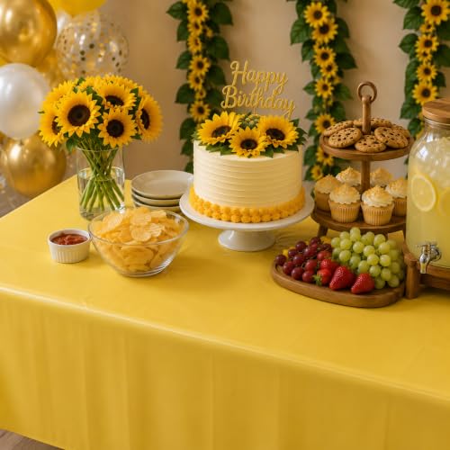 Image of Blue Orchards Yellow Plastic Table Cover (Pack of 3 with 20 Glue dots) - 54 inch x 108 inch - Bright Yellow Waterproof Disposable Tablecloth Decoration, Birthday, Baby Shower, Party Supplies, Wedding