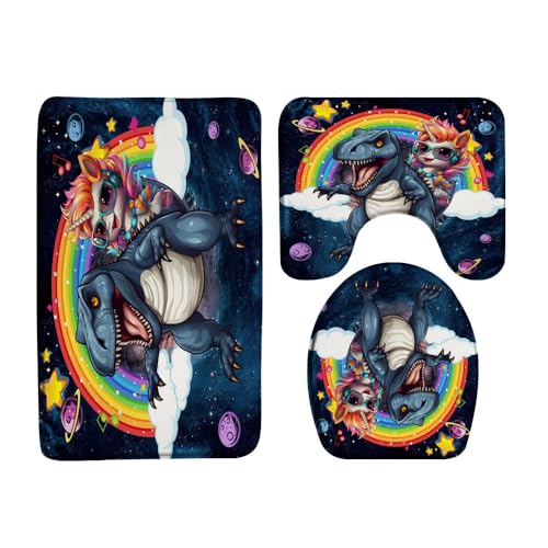 Funny Unicorn Dinosaur 3 Pcs Bath Rugs Set,Cute Fantasy Animal Rainbow Mysterious Galaxy Space Cartoon Kids Boy Girl Bathroom Kitchen Rug with 16