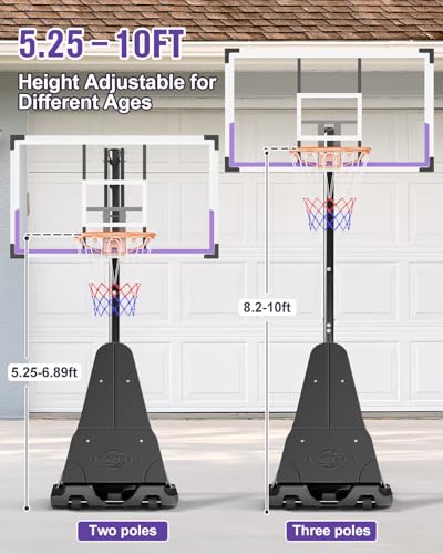 Image of TONBUX Basketball Hoop Outdoor 44 /48 /54 Inch PC Backboard, 10FT Adjustable Basketball Goal, Portable Basketball Hoop for Kids /Teens /Adults in Backyard, Driveway and Indoor