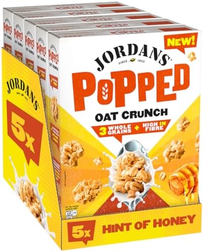 JORDANS Popped Oat Crunch Hint of Honey, Breakfast Cereal, High in Fibre, Whole Grains, Vegetarian, Adult and Kids Cereal, 5 Pack of 425 g