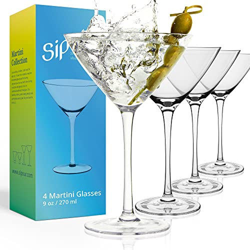 Verre à Martini - Lot de 4 Verres à Cocktail - Verres en Cristal Élégants, Soufflés à la Main, Capacité 27cl - Idéal pour des Soirées Chics et pour Siroter Toutes Sortes de Cocktails Cover