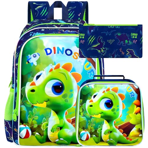 Image of 16 inch Dinosaur Backpack, 3Pcs Boy Bookbag for Elementary Preschool Kindergarten, Kids School Backpacks with Lunch Box (Green)