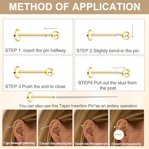 20G 18G 16G Gold Threadless Flat Back Earrings Surgical Steel Push in Nose Stud Rings 18K Gold Plated Hypoallergenic Cartilage Earring Set Helix Conch Medusa Tragus Piercing Jewelry for Women3