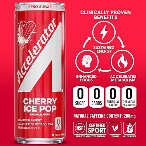 Image of Accelerator Active Energy Drink, Cherry Ice Pop 12oz can (12 pack) | Zero Sugar, Sustained Energy from 100% Natural Caffeine (200mg from Green Coffee Bean & Green Tea extract)