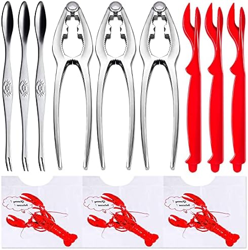 YGAOHF Crab Crackers and Tools, 12 Pcs Professional Seafood Tools Set includes 3 Crab Crackers, 3 Lobster Shellers, 3 Crab Leg Forks/Picks, 3 Disposable Lobster Bibs and Storage Bag, Dishwasher Safe