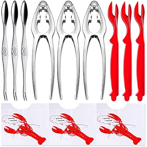 YGAOHF 12 Pcs Professional Crab Leg Crackers and Tools - includes 3 Crab Crackers, 3 Lobster Shellers, 3 Crab Leg Forks/Picks, 3 Disposable Lobster Bibs and Storage Bag, Dishwasher Safe Cover