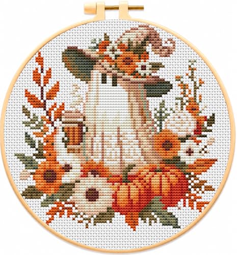 VIGEGU Ghost Cross Stitch Kits for Adults Beginners Halloween Stamped Cross Stitch Kits with Framed Fall Ghost Pumpkin Embroidery Kit for Beginners Partial 11CT Cross-Stitch Arts and Crafts 8x8 inch