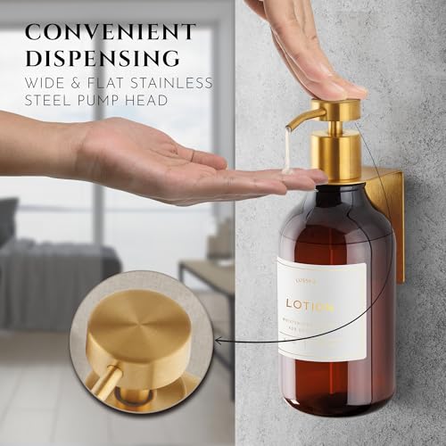 Shower Shampoo Dispenser Wall Mounted – Refillable 16.9 oz Amber Bottle with Stainless Steel Pump & No-Drill Adhesive Holder – Soap Dispenser for Bathroom (1 X Amber/Gold) - image 3