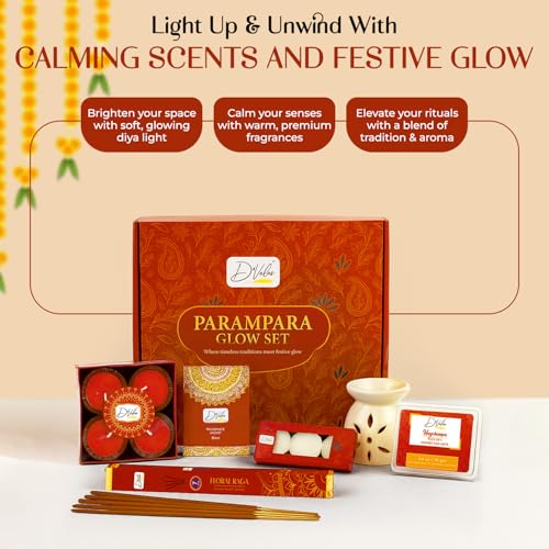 Image of D'Velas Parampara Glow Christmas Gift Box | Ceramic Aroma Burner, Wax Melts, Tealights, Scented Candles, Fragrance Sachet & Incense Sticks | Holiday Home Decor & Premium Christmas Gifting Set