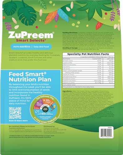 image for ZuPreem Smart Selects Pellets & Seed Blend, Daily Food for Cockatiel, 