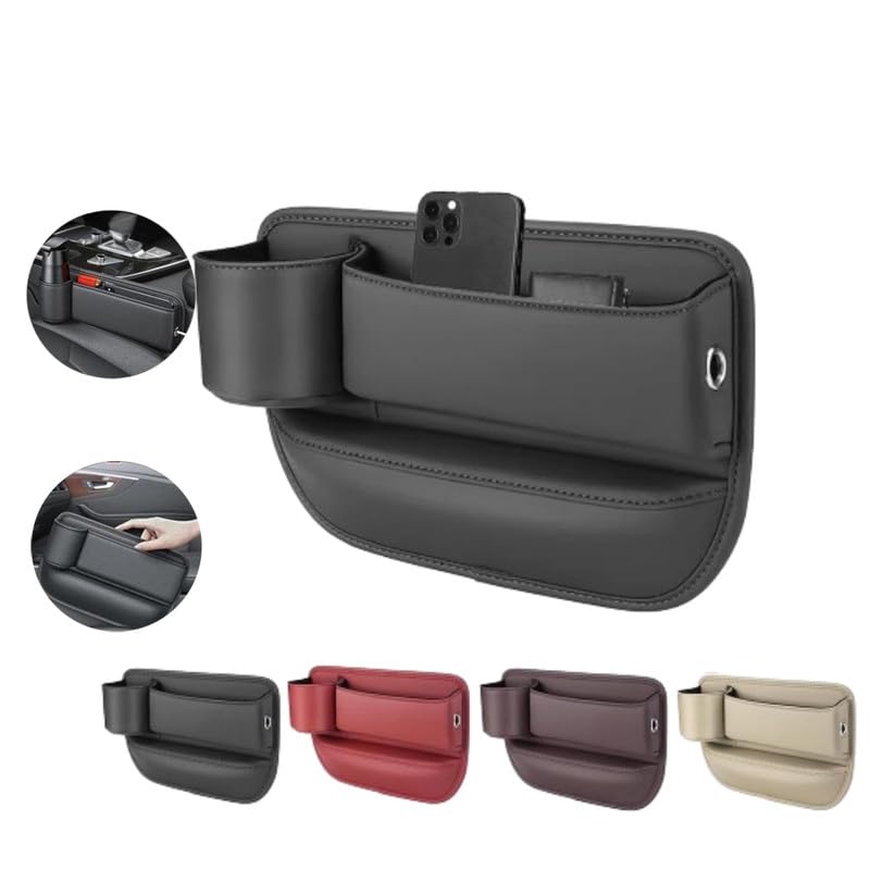 Car Leather Cup Holder Gap Bag,Seat Gap Storage Box,Adjustable Car Seat Storage Box,Leather Cup Holder Gap Bag with Cup Holder for Phones Glasses Keys Cards (Black,A)