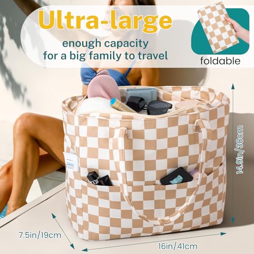 Image of Iioscre Beach Bag for Women, Causal Hobo Handbags with Zipper Inner Pocket, Foldable Swim Tote Bag for Vacation Essentials