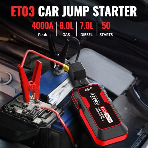 S ZEVZO ET03 Car Jump Starter 4000A Jump Starter Battery Pack for Up to 8.0L Gas and 7.0L Diesel Engines, 74Wh Portable 12V Jump Box with USB Ports, LCD Display, Storage Case, and LED Light - Image 3