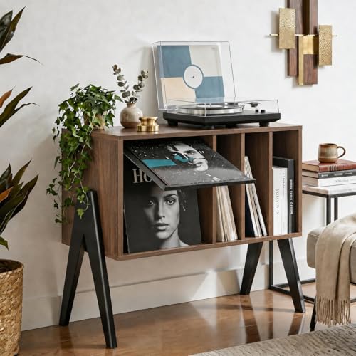 Record Player Stand with Vinyl Storage Cabinet, 32'' Mid Century Modern Turntable Console Table for Albums Display, Heavy-Duty Media Audio Bookshelf for Speakers & Stereo, Black Walnut Wood
