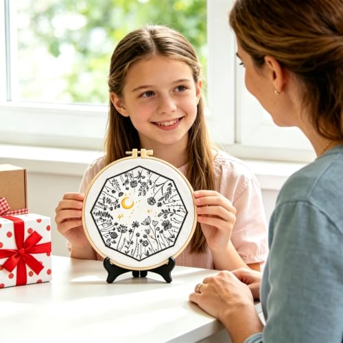 Image of Mystical Embroidery Kits for Beginners Adults, Moon Wild Flowers Embroidery Starter Kit, Floral Stamped Cross Stitch Kits Needlepoint Kits for Beginners Adults, Embroidery Hoop, Thread, Video Tutorial