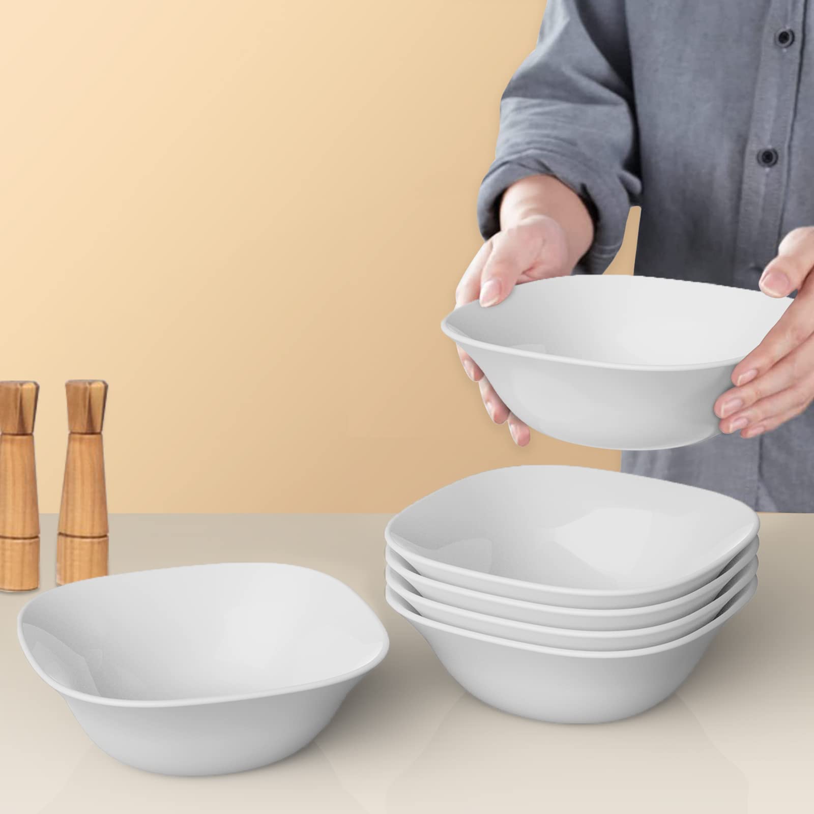 MEKY Cereal Bowls Set of 6, Square 26oz Ounces Glassware Soup Bowls, White 7.5 Inch Salad Bowls, Dinnerware Serving Bowls Set for Pasta, Dessert, Snack, Meal, Fruits, Side Dish, Ice Cream, and More