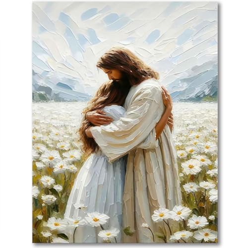Image of Jesus Hugging Woman Stamped Cross Stitch Kits for Adults - Christian Embroidery Kits for Beginners Adults,11 CT Patterns Dimensions Counted Cross Stitch Kits for Adults Arts Craft 12x16 inch