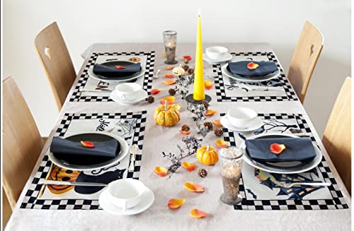Halloween Placemats For Dining Table Set Of 4, 13 X 18 Inches Linen Buffalo Checked Place Mats Pumpkins Gnomes Ghost Bats Patterns Waterproof Heat Resistant Mats , For Kitchen Home Holiday Decor #TOP6