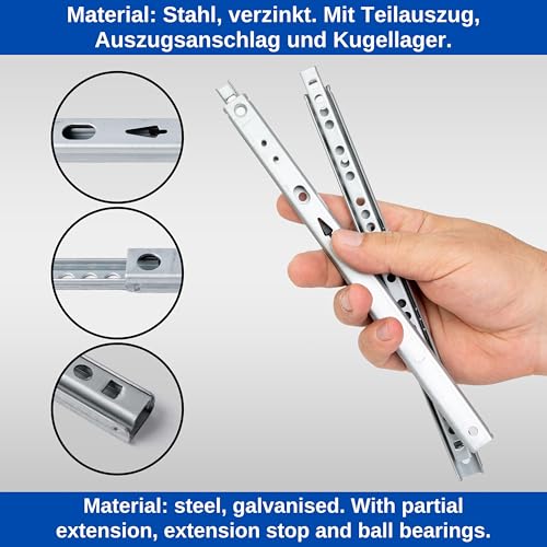 Schubladenschiene 246 x 17 mm, 1 Paar, mit Kugellager, Länge 246 mm, 17 mm Nutbreite, Teilauszug Gleitschiene mit Auszugsanschlag, Auszugsschiene aus verzinktem Stahl, Führungsschiene Schublade Set