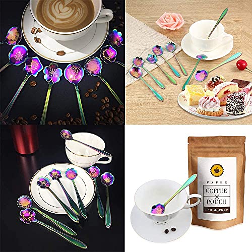 Image of Stainless Steel Creative Tableware Flower Dessert Spoon,Sugar Spoon,Mixing Spoon,Tea Spoon,Stirring Spoon,Cake & Ice Cream Spoon,Stir Bar Rainbow Spoons -Set Of 6 (Random) - 13 Cm
