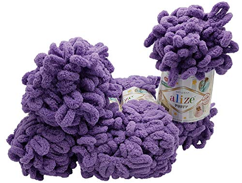 Alize Puffy 5 x 100 g Knitting Wool, 500 g Finger Knit, Super Bulky, Loop Wool, Knitting without Needle (Purple 437)
