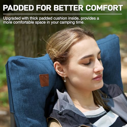 Image of EVER ADVANCED Padded Oversized Folding Camping Chair for Adults, Heavy Duty Lawn Chair with Side Pockets, Portable Collapsible Quad Chair for Outside, Support Up to 500lbs, Blue