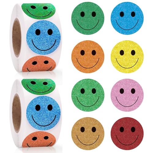 1000 Stickers Smiley Autocollant 25 mm gommettes smiley Ronds 2 Rouleaux Autocollant Récompense Adaptés aux Récompenses,aux Cadeaux, à la Décoration de Cadeaux et...